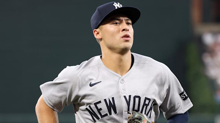 Sep 19, 2025; Baltimore, Maryland, USA; New York Yankees shortstop Anthony Volpe (11) runs off of the field before a game against the Baltimore Orioles at Oriole Park at Camden Yards. Mandatory Credit: Daniel Kucin Jr.-Imagn Images