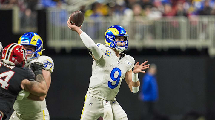 Dec 29, 2025; Atlanta, Georgia, USA; Los Angeles Rams quarterback Matthew Stafford (9) passes the ball against the Atlanta Falcons during the second half at Mercedes-Benz Stadium. Mandatory Credit: Dale Zanine-Imagn Images