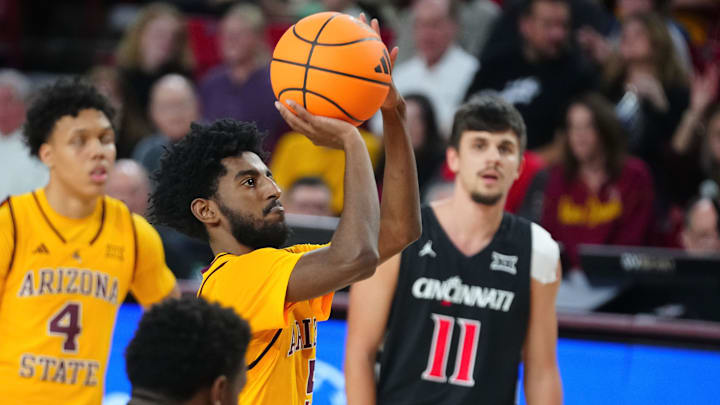 Arizona State guard Moe Odum (5) shoots a free throw against Cincinnati during a game at Desert Financial Arena in Tempe, Ariz., on Jan. 24, 2026.