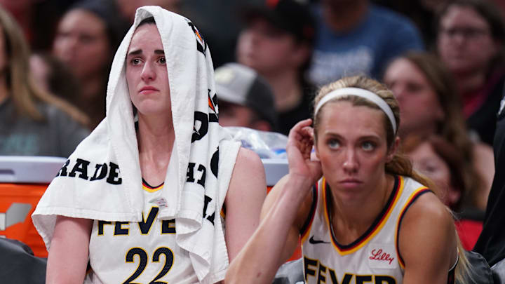 Jul 15, 2025; Boston, Massachusetts, USA; Indiana Fever guard Caitlin Clark (22) reacts on the bench after a play against the Connecticut Sun in the second half at TD Garden. Mandatory Credit: David Butler II-Imagn Images Jul 15, 2025; Boston, Massachusetts, USA; Indiana Fever guard Caitlin Clark (22) reacts on the bench after a play against the Connecticut Sun in the second half at TD Garden. Mandatory Credit: David Butler II-Imagn Images