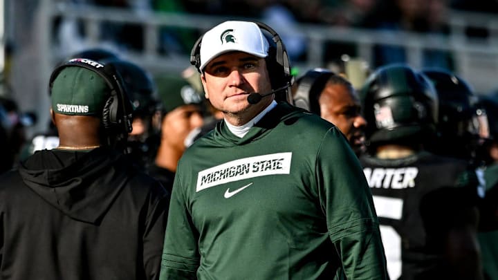 Michigan State's head coach Jonathan Smith looks on form the sideline during the first quarter in the game against Indiana on Saturday, Nov. 2, 2024, at Spartan Stadium in East Lansing.