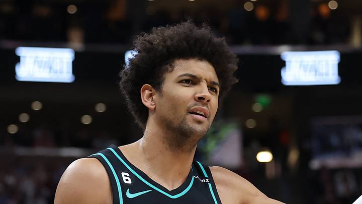 Portland Trail Blazers guard Matisse Thybulle (4) reacts to a foul call against the Utah Jazz in the third quarter at Vivint Arena on March 22, 2023. Portland Trail Blazers guard Matisse Thybulle (4) reacts to a foul call against the Utah Jazz in the third quarter at Vivint Arena on March 22, 2023.