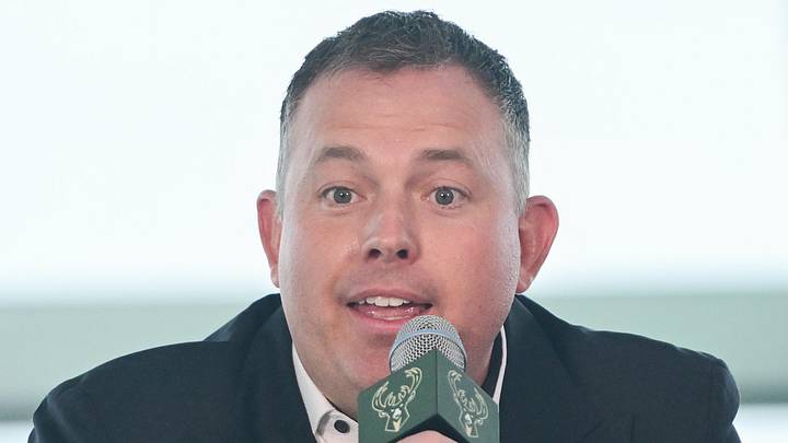 Milwaukee Bucks general manager Jon Horst speaks at a press conference at Milwaukee Art Museum on May 6, 2026.