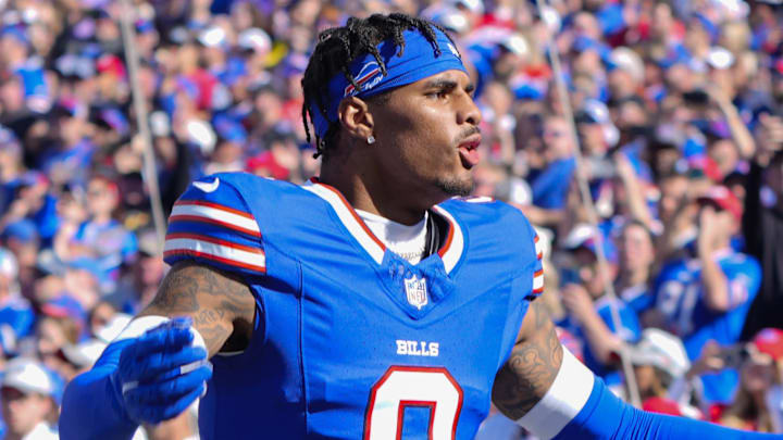Oct 20, 2024; Orchard Park, New York, USA; Buffalo Bills wide receiver Keon Coleman (0) is introduced prior to the game against the Tennessee Titans at Highmark Stadium. Mandatory Credit: Gregory Fisher-Imagn Images