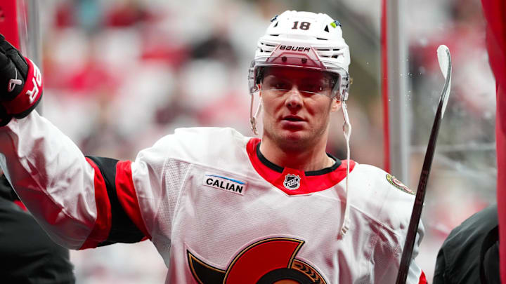 Apr 20, 2026; Raleigh, North Carolina, USA; Ottawa Senators center Tim Stützle (18) comes off the ice after the warmups before the game against the Carolina Hurricanes in game two of the first round of the 2026 Stanley Cup Playoffs at Lenovo Center. Mandatory Credit: James Guillory-Imagn Images