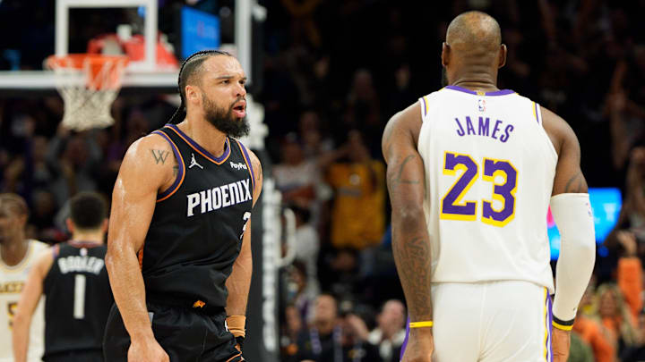 Dec 14, 2025; Phoenix, Arizona, USA; Phoenix Suns forward Dillon Brooks (3) and Los Angeles Lakers forward LeBron James (23) react during an altercation that resulted in a technical for Brooks during the second half of a game at at Mortgage Matchup Center. Mandatory Credit: Allan Henry-Imagn Images Dec 14, 2025; Phoenix, Arizona, USA; Phoenix Suns forward Dillon Brooks (3) and Los Angeles Lakers forward LeBron James (23) react during an altercation that resulted in a technical for Brooks during the second half of a game at at Mortgage Matchup Center. Mandatory Credit: Allan Henry-Imagn Images