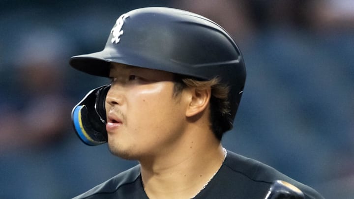 Apr 21, 2026; Phoenix, Arizona, USA; Chicago White Sox first baseman Munetaka Murakami (5) against the Arizona Diamondbacks in the first inning at Chase Field. Mandatory Credit: Mark J. Rebilas-Imagn Images