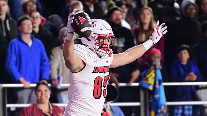 Oct 25, 2024; Chestnut Hill, Massachusetts, USA; Louisville Cardinals tight end Nate Kurisky (85) reacts to his touchdown during the second half against the Boston College Eagles at Alumni Stadium. Mandatory Credit: Eric Canha-Imagn Images Oct 25, 2024; Chestnut Hill, Massachusetts, USA; Louisville Cardinals tight end Nate Kurisky (85) reacts to his touchdown during the second half against the Boston College Eagles at Alumni Stadium. Mandatory Credit: Eric Canha-Imagn Images