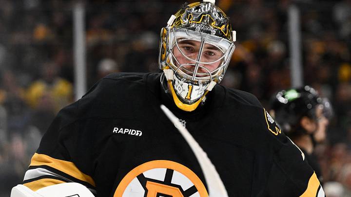 Apr 23, 2026; Boston, Massachusetts, USA; Boston Bruins goaltender Jeremy Swayman (1) skates during a timeout against the Buffalo Sabres during the second period of game three of the first round of the 2026 Stanley Cup Playoffs at the TD Garden. Mandatory Credit: Brian Fluharty-Imagn Images