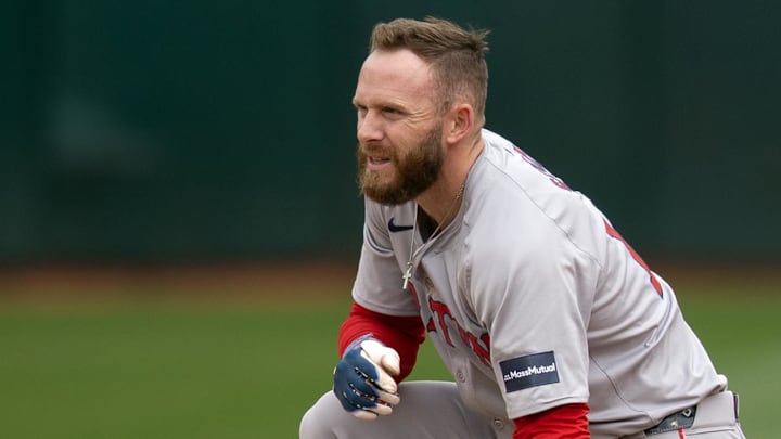 Apr 3, 2024; Oakland, California, USA; Boston Red Sox shortstop Trevor Story (10) sits by second
