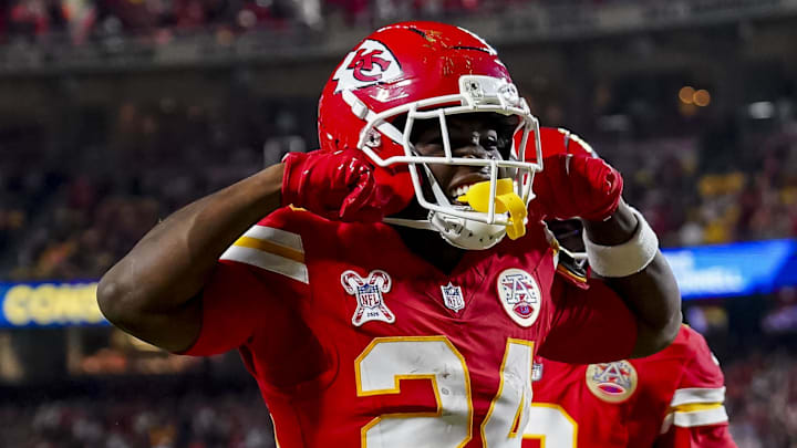 Dec 25, 2025; Kansas City, Missouri, USA; Kansas City Chiefs running back Brashard Smith (24) celebrates during the second quarter at GEHA Field at Arrowhead Stadium. Mandatory Credit: Denny Medley-Imagn Images