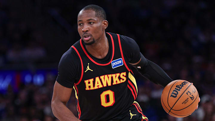 Apr 18, 2026; New York, New York, USA; Atlanta Hawks forward Jonathan Kuminga (0) dribbles during the second half of the 2026 NBA Playoffs against the New York Knicks at Madison Square Garden. Mandatory Credit: Vincent Carchietta-Imagn Images