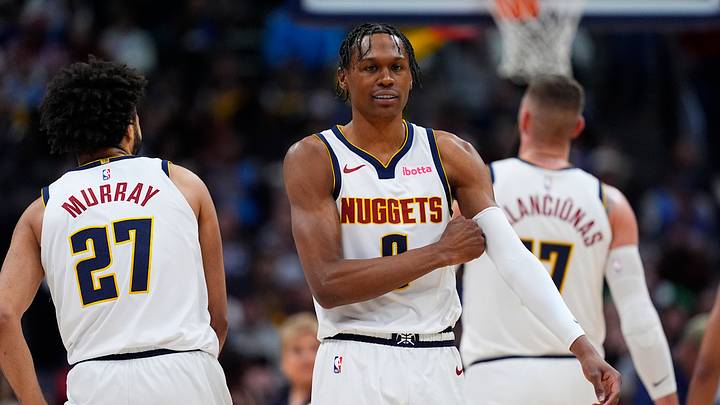 Jan 29, 2026; Denver, Colorado, USA; Denver Nuggets guard Peyton Watson (8) and guard Jamal Murray (27) during the first quarter against the Brooklyn Nets at Ball Arena. Mandatory Credit: Ron Chenoy-Imagn Images