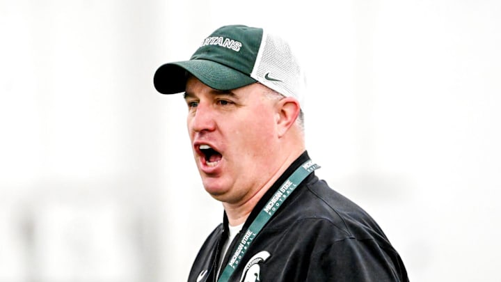 Michigan State's head coach Pat Fitzgerald calls out to players during spring football practice on Tuesday, April 14, 2026, in East Lansing.