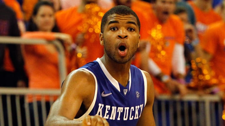 Mar 8, 2014; Gainesville, FL, USA; Kentucky Wildcats guard Aaron Harrison (2) dribbles the ball against the Florida Gators during the second half at Stephen C. O'Connell Center. Florida Gators defeated the Kentucky Wildcats 84-65. Mandatory Credit: Kim Klement-Imagn Images
