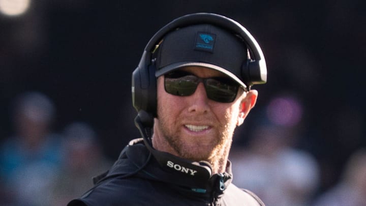 Jacksonville Jaguars head coach Liam Coen reacts to having to take a timeout after a bobbled play during the third fourth in an NFL football game at EverBank Stadium, Sunday, November 16, 2025, in Jacksonville, Fla. [Doug Engle/Florida Times-Union]