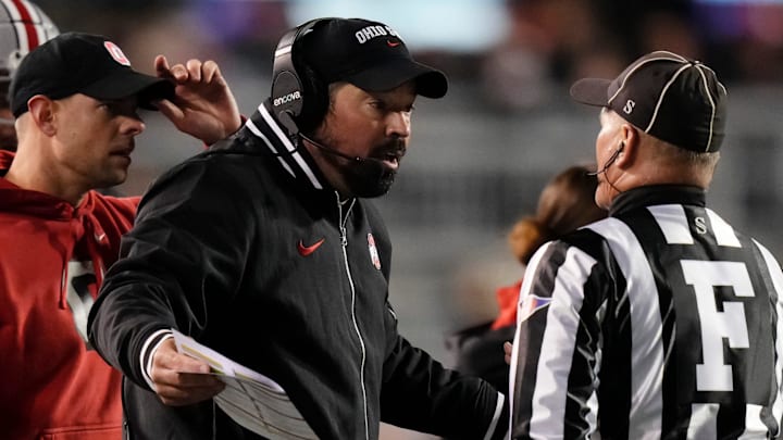 Oct 28, 2023; Madison, Wisconsin, USA; Ohio State Buckeyes head coach Ryan Day argues with officials during the NCAA football game against the Wisconsin Badgers at Camp Randall Stadium. Ohio State won 24-10. Oct 28, 2023; Madison, Wisconsin, USA; Ohio State Buckeyes head coach Ryan Day argues with officials during the NCAA football game against the Wisconsin Badgers at Camp Randall Stadium. Ohio State won 24-10.