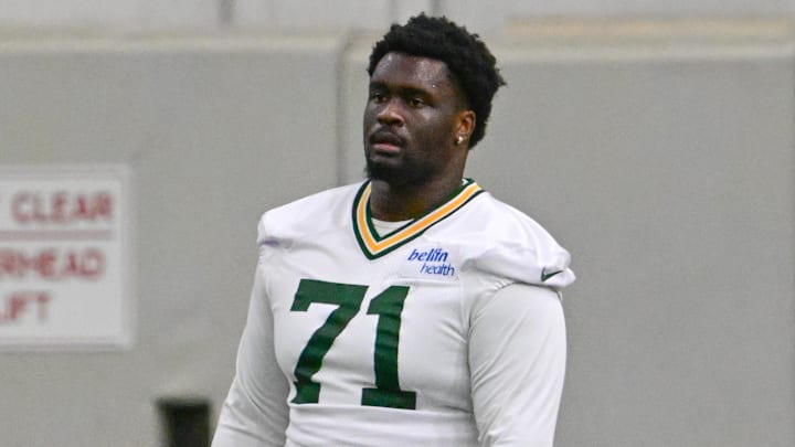 Jun 11, 2025; Green Bay, WI, USA;  Green Bay Packers offensive tackle Anthony Belton (71) participates in the team's minicamp at Ray Nitschke Field. Mandatory Credit: Benny Sieu-Imagn Images