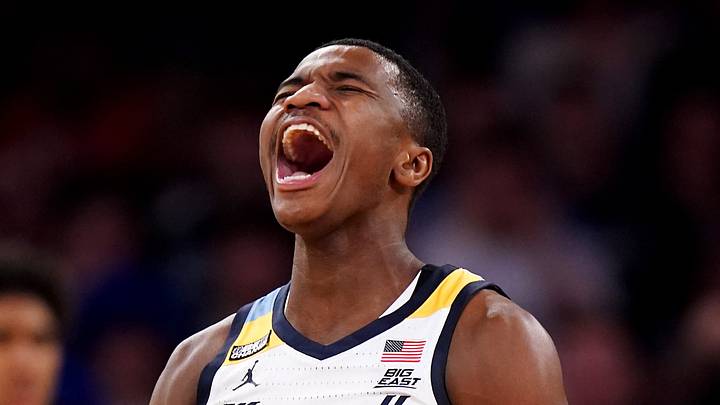 Marquette Golden Eagles guard Kam Jones (1) reacts after scoring a basket in the first half of an NCAA college basketball game against the Xavier Musketeers during the championship round of the Big East Conference tournament, Saturday, March 11, 2023, at Madison Square Garden in New York. Marquette Golden Eagles guard Kam Jones (1) reacts after scoring a basket in the first half of an NCAA college basketball game against the Xavier Musketeers during the championship round of the Big East Conference tournament, Saturday, March 11, 2023, at Madison Square Garden in New York.