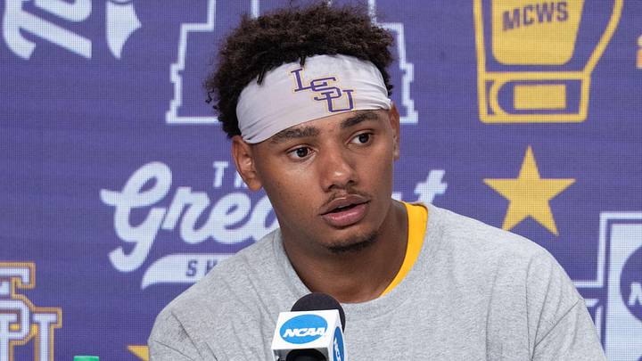 Former LSU Tigers starting pitcher Anthony Eyanson (24) meets with the press after the game against the Coastal Carolina Chanticleers at Charles Schwab Field.