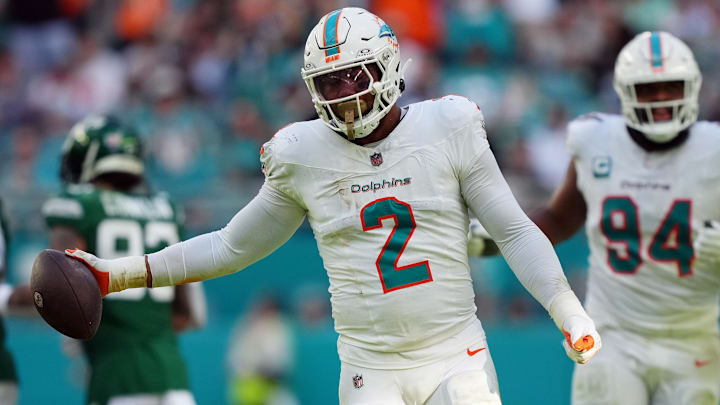 Miami Dolphins linebacker Bradley Chubb (2) celebrates after recovering a fumble during the second half against the New York Jets at Hard Rock Stadium. Miami Dolphins linebacker Bradley Chubb (2) celebrates after recovering a fumble during the second half against the New York Jets at Hard Rock Stadium.