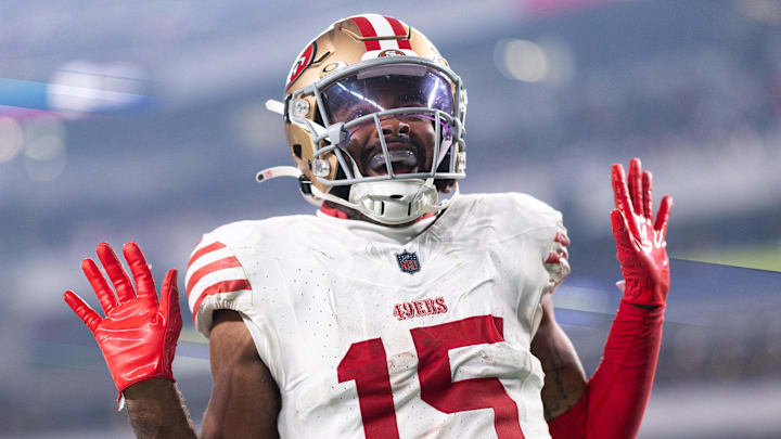 Dec 3, 2023; Philadelphia, Pennsylvania, USA; San Francisco 49ers wide receiver Jauan Jennings (15) reacts after scoring a touchdown against the Philadelphia Eagles during the fourth quarter at Lincoln Financial Field. Mandatory Credit: Bill Streicher-Imagn Images