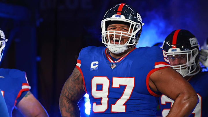 Dec 11, 2023; East Rutherford, New Jersey, USA; New York Giants defensive tackle Dexter Lawrence II (97) looks on before the game against the Green Bay Packers at MetLife Stadium. Mandatory Credit: Vincent Carchietta-Imagn Images