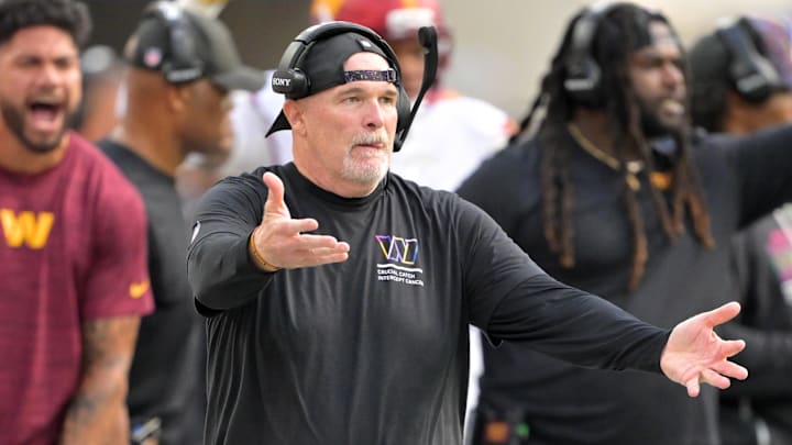 Oct 5, 2025; Inglewood, California, USA; Washington Commanders head coach Dan Quinn reacts in the second half against the Los Angeles Chargers at SoFi Stadium. Mandatory Credit: Jayne Kamin-Oncea-Imagn Images