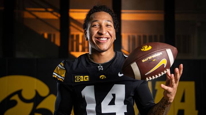 Iowa wide receiver Tony Diaz (14) stands for a portrait during Hawkeye football media day, Friday, Aug. 14, 2026, in Iowa City.