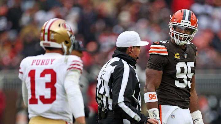 Cleveland Browns defensive end Myles Garrett (95) reacts after a play against San Francisco 49ers quarterback Brock Purdy (13) Cleveland Browns defensive end Myles Garrett (95) reacts after a play against San Francisco 49ers quarterback Brock Purdy (13)