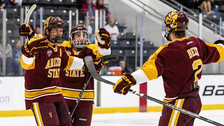 Arizona State players celebrate during their 5-0 victory at Lindenwood to open the 2026-27 college hockey season. Arizona State players celebrate during their 5-0 victory at Lindenwood to open the 2026-27 college hockey season.