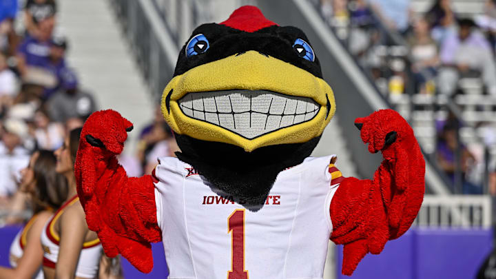 Nov 8, 2025; Fort Worth, Texas, USA; The Iowa State Cyclones mascot poses for a photo during the game against the TCU Horned Frogs at Amon G. Carter Stadium. Nov 8, 2025; Fort Worth, Texas, USA; The Iowa State Cyclones mascot poses for a photo during the game against the TCU Horned Frogs at Amon G. Carter Stadium.