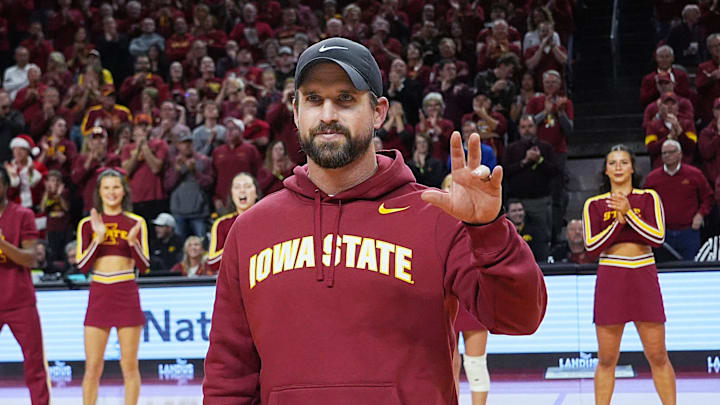 Iowa State football coach Jimmy Rogers speaks during a timeout in the first half in the Iowa State and Iowa men’s basketball Cy-Hawk series at Hilton coliseum on Dec. 11, 2025, in Ames, Iowa. 