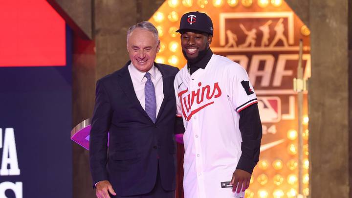 Jul 14, 2024; Ft. Worth, TX, USA;  MLB Commissioner Rob Manfred takes a photo with Kaelen Culpepper after he was drafted by the Minnesota Twins with the 21st pick during the first round of the MLB Draft at Cowtown Coliseum. Mandatory Credit: Kevin Jairaj-Imagn Images