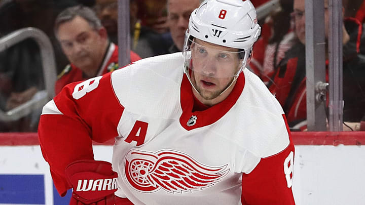 Justin Abdelkader makes a move for Detroit Red Wings during a game against the Chicago Blackhawks.