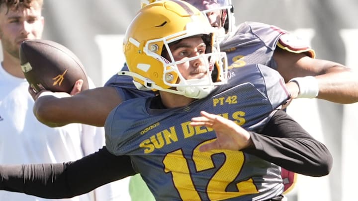 Arizona State quarterback Mikey Keene (12) during practice on March 24, 2026, at Kajikawa Practice Fields in Tempe.