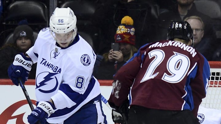 Feb 22, 2015; Denver, CO, USA; Tampa Bay Lightning goalie Andrei Vasilevskiy (88) and Tampa Bay Lightning right wing Nikita Kucherov (86) defend an attempt on net by Colorado Avalanche center Nathan MacKinnon (29) in the first period at the Pepsi Center. Mandatory Credit: Ron Chenoy-Imagn Images Feb 22, 2015; Denver, CO, USA; Tampa Bay Lightning goalie Andrei Vasilevskiy (88) and Tampa Bay Lightning right wing Nikita Kucherov (86) defend an attempt on net by Colorado Avalanche center Nathan MacKinnon (29) in the first period at the Pepsi Center. Mandatory Credit: Ron Chenoy-Imagn Images