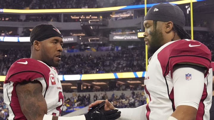 Arizona Cardinals safety Budda Baker (3) shakes hands with quarterback Kyler Murray (1) before playing against the Los Angeles Rams in the NFC Wild Card playoff game in Inglewood, Calif., on Jan. 17, 2022.