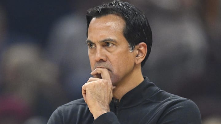 Miami Heat head coach Erik Spoelstra stands on the court (Mandatory Credit: David Richard-Imagn Images)