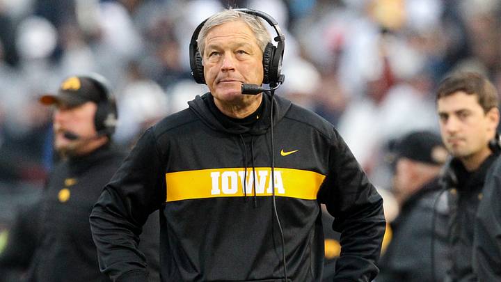 Oct 27, 2018; University Park, PA, USA; Iowa Hawkeyes head coach Kirk Ferentz looks on from the sideline during the second quarter against the Penn State Nittany Lions at Beaver Stadium. Mandatory Credit: Matthew O'Haren-USA TODAY Sports