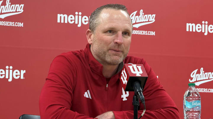 Indiana basketball coach Darian DeVries speaks to reporters Jan. 27, 2026, after beating Purdue at Simon Skjodt Assembly Hall in Bloomington. Indiana basketball coach Darian DeVries speaks to reporters Jan. 27, 2026, after beating Purdue at Simon Skjodt Assembly Hall in Bloomington.