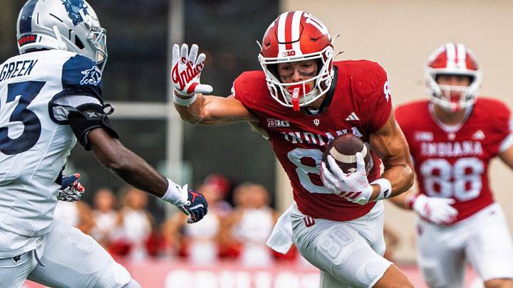 Indiana's Charlie Becker (80) scores a touchdown during the Indiana versus Howard football game at Memorial Stadium on Saturday, Sept. 12, 2026.