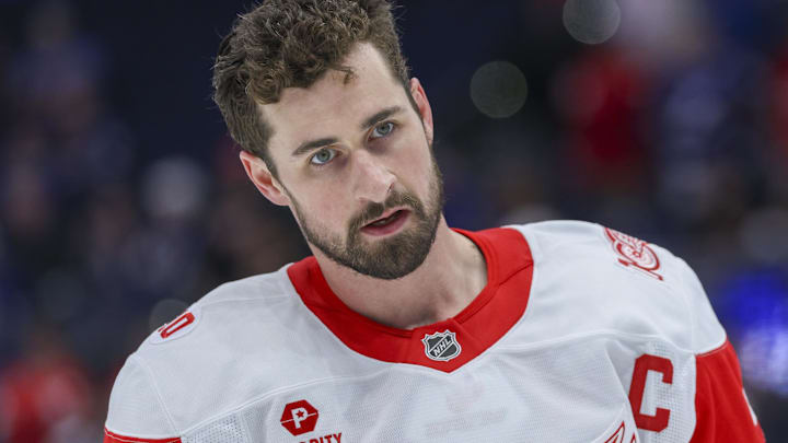 Apr 13, 2026; Tampa, Florida, USA; Detroit Red Wings center Dylan Larkin (71) warms up before a game against the Tampa Bay Lightning at Benchmark International Arena. Mandatory Credit: Nathan Ray Seebeck-Imagn Images