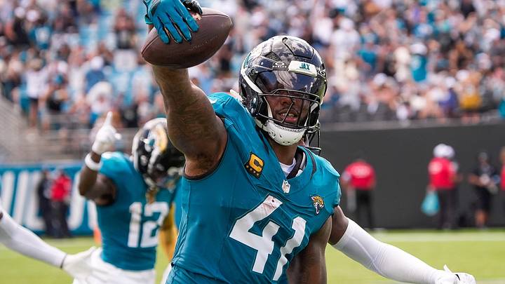 Jacksonville Jaguars defensive end Josh Hines-Allen (41) celebrates his fumble recovery in the second quarter during the before an NFL football game at EverBank Stadium, Sunday, September 13, 2026, in Jacksonville, Fla. Jaguars lead 24-0 at the half.  [Doug Engle/Florida Times-Union]