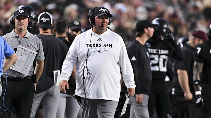 Texas A&M Aggies head coach Mike Elko looks on during the first half against the Mississippi State Bulldogs at Kyle Field. 