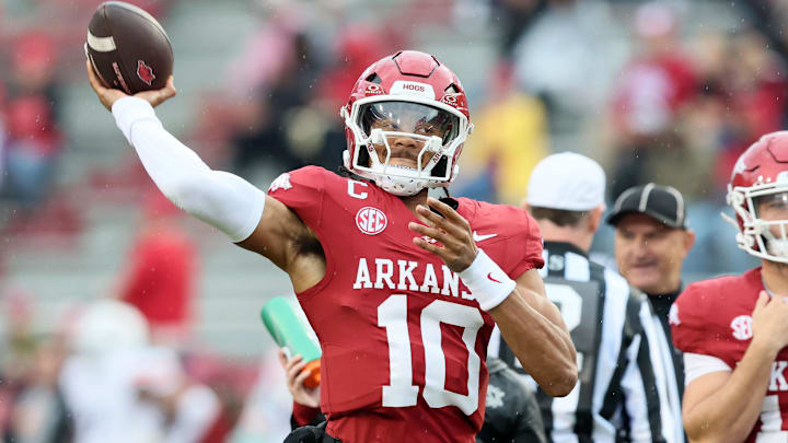Oct 25, 2025; Fayetteville, Arkansas, USA; Arkansas Razorbacks quarterback Taylen Green (10) warms up prior to the game against the Auburn Tigers at Donald W. Reynolds Razorback Stadium. Mandatory Credit: Nelson Chenault-Imagn Images