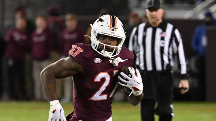 Oct 24, 2025; Blacksburg, Va.; Virginia Tech running back Marcellous Hawkins (27) runs the ball against California.