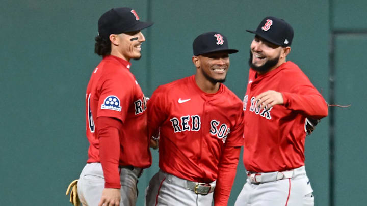 Boston Red Sox left fielder Jarren Duran (16) and center fielder Ceddanne Rafaela (3) and right fielder Wilyer Abreu
