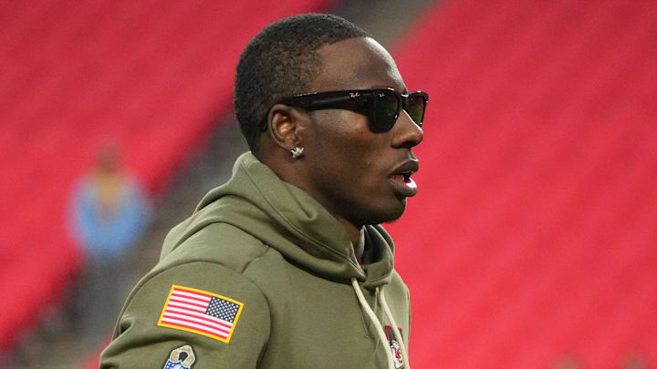 Oct 27, 2025; Kansas City, Missouri, USA; Kansas City Chiefs wide receiver Marquise Brown (5) warms up prior to the game against the Washington Commanders at GEHA Field at Arrowhead Stadium. Mandatory Credit: Denny Medley-Imagn Images
