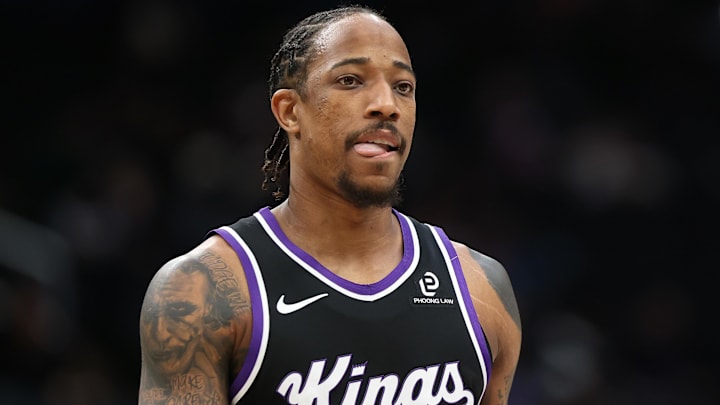 Feb 1, 2026; Washington, District of Columbia, USA; Sacramento Kings guard DeMar DeRozan (10) looks on during the first half against the Washington Wizards at Capital One Arena.